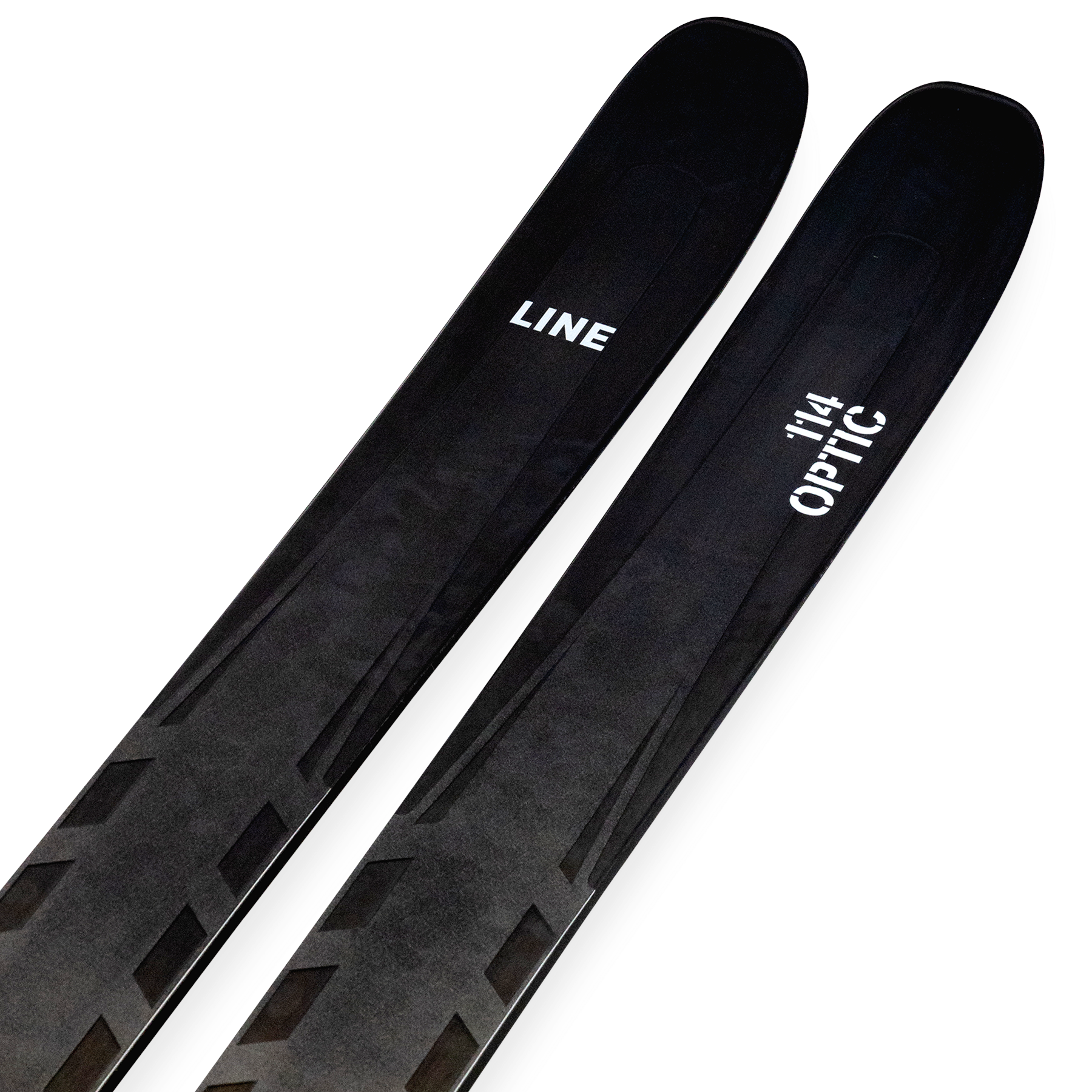 Optic 114 skis close-up, black topsheet with LINE and Optic branding