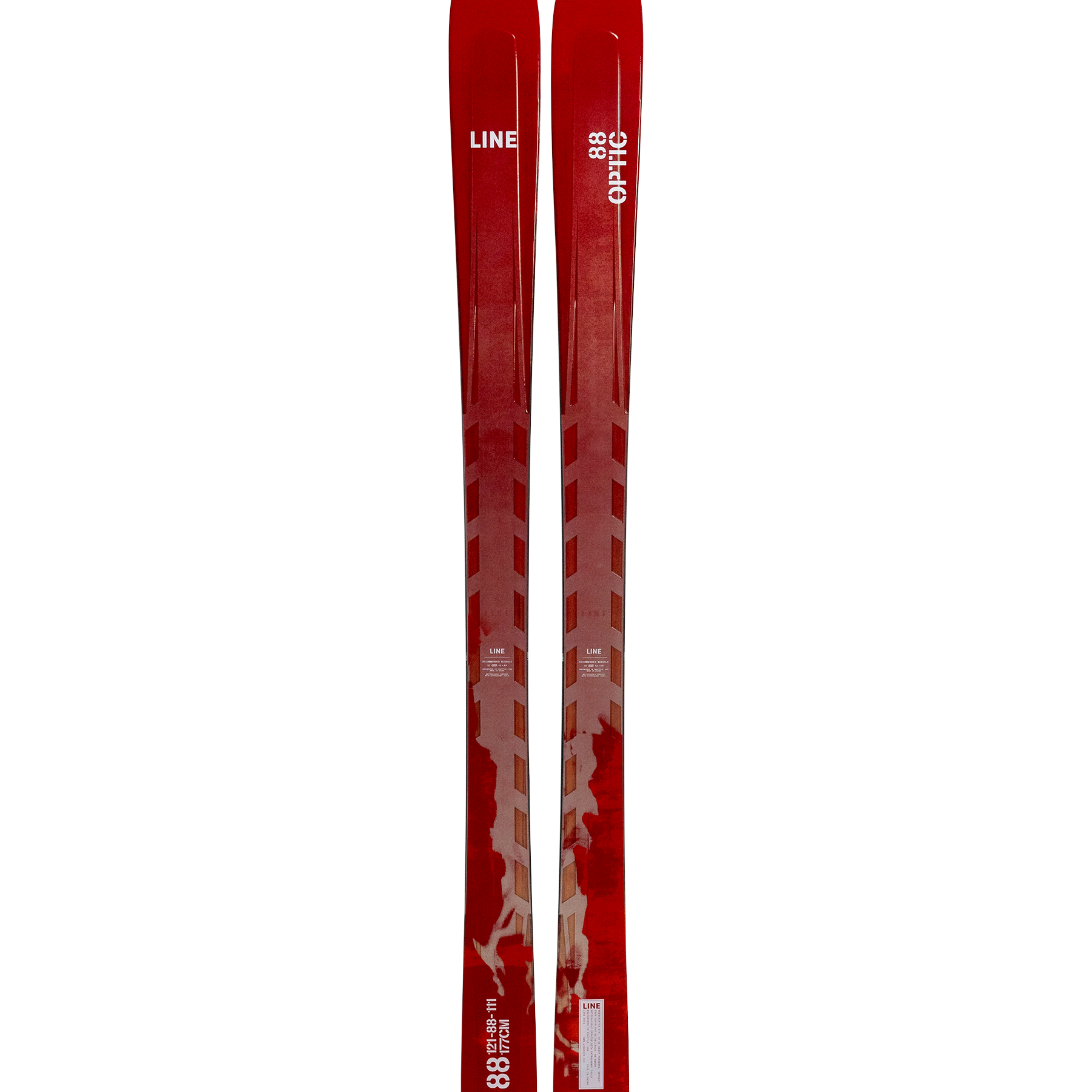 Red LINE Optic 88 skis, front view with white text on red tops