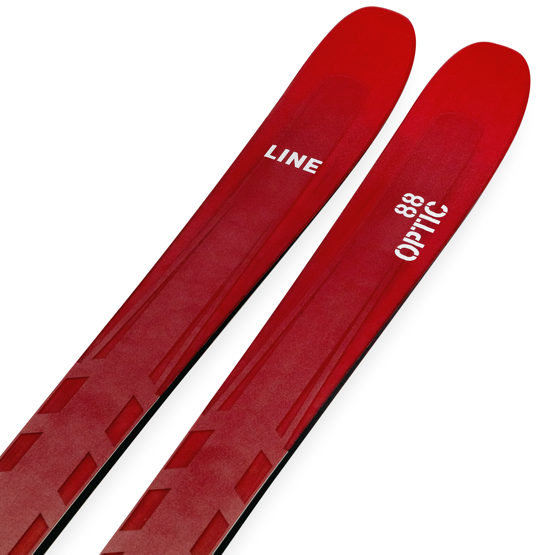 Red LINE Optic 88 skis, angled close-up of tops with LINE and 88 branding