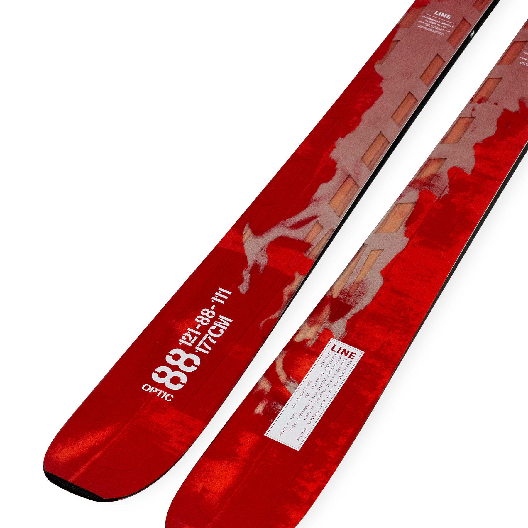 Red LINE Optic 88 skis, showing full tops with mounted sticker and graphics