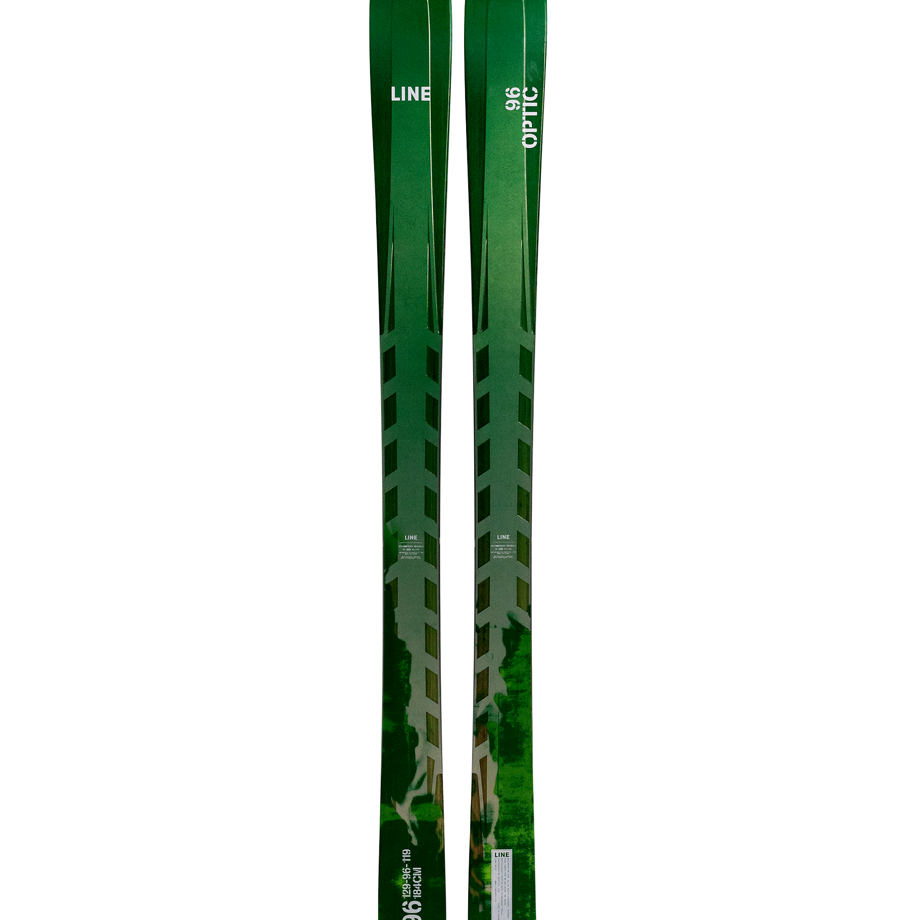 LINE Optic 96 skis, green with geometric tops and LINE branding