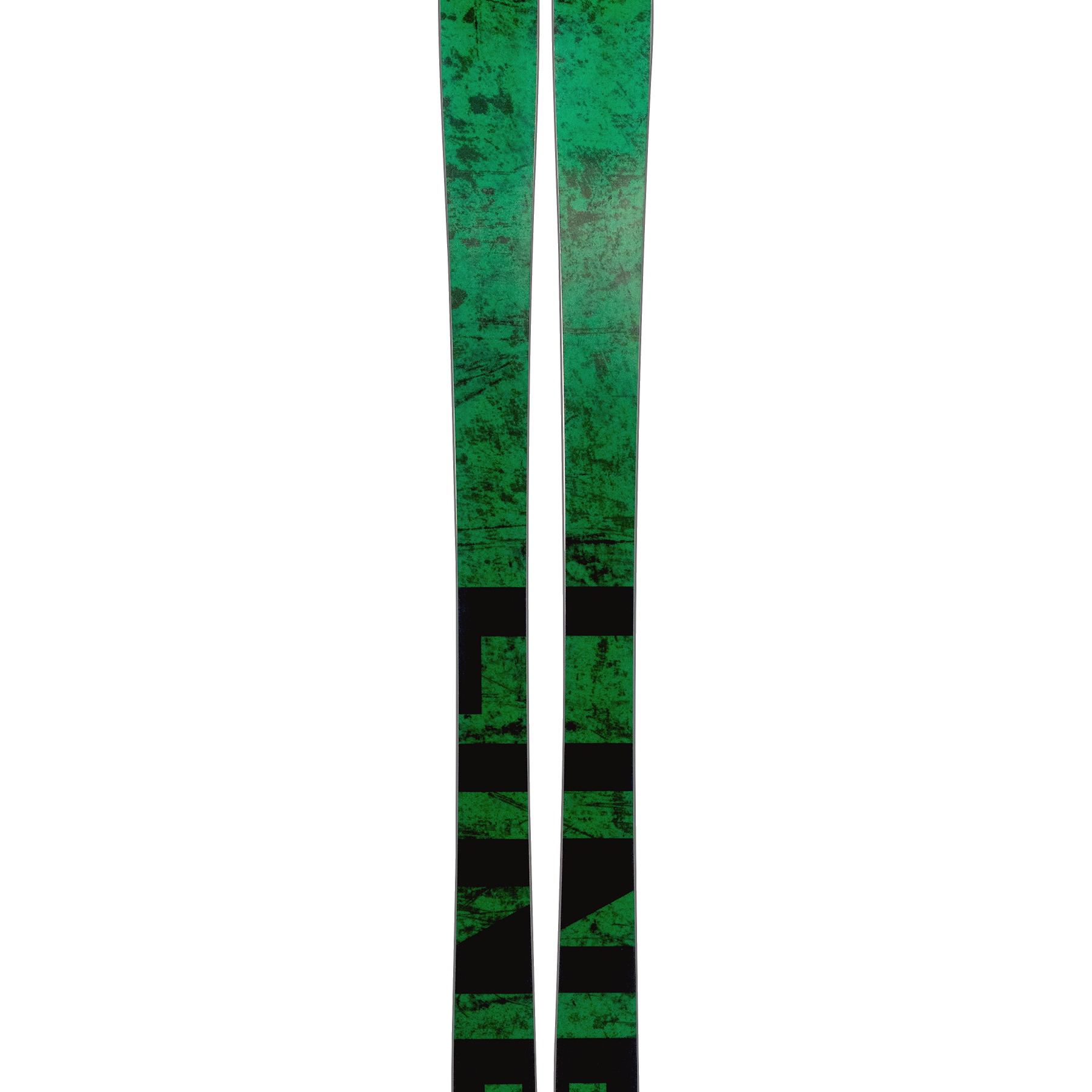 Green ski pair with LINE logo and bold geometric graphic patterns