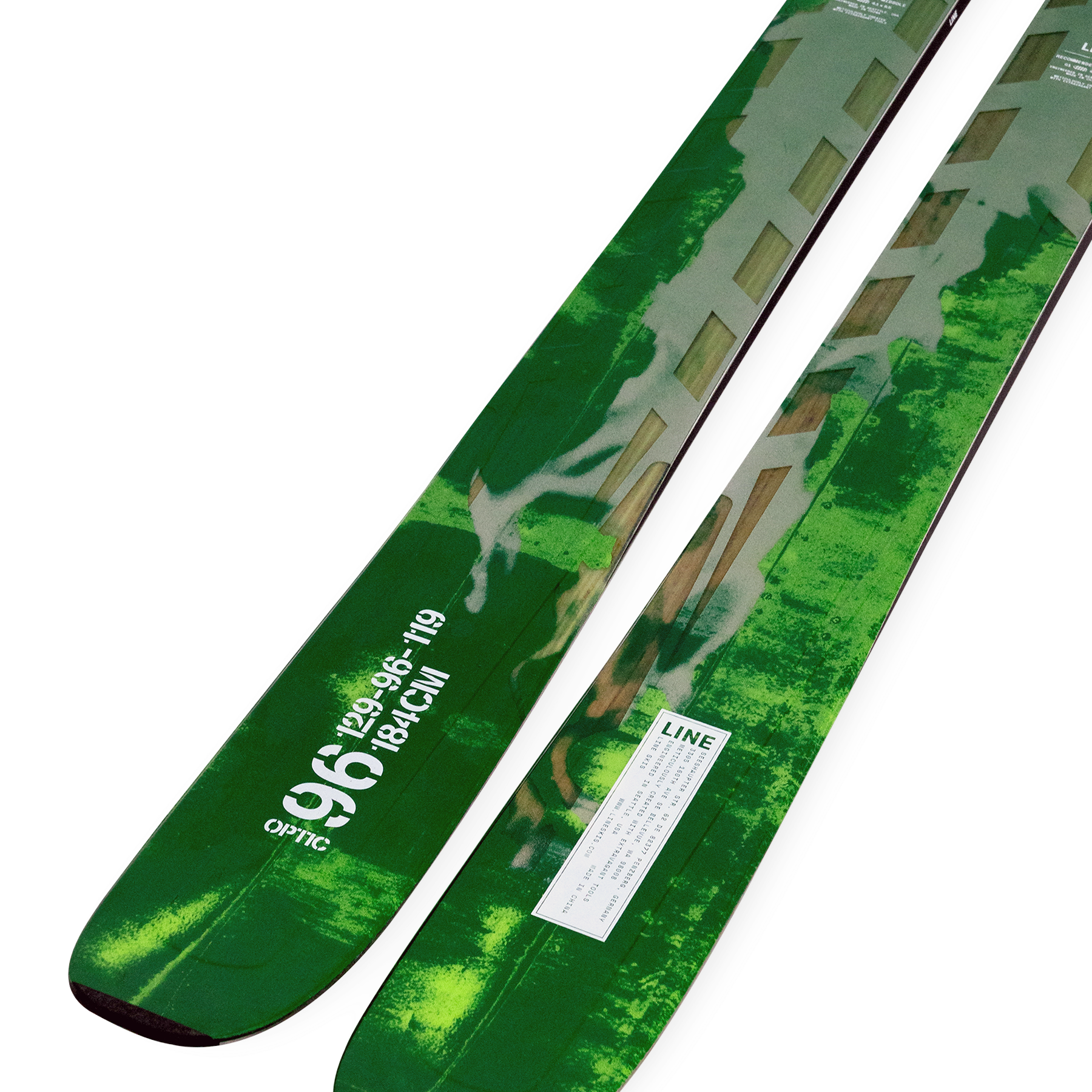 Green skis with full-length graphics, LINE label, and size markings