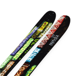 LINE skis close-up with multicolor text-and-art graphic on black base and white sidewall