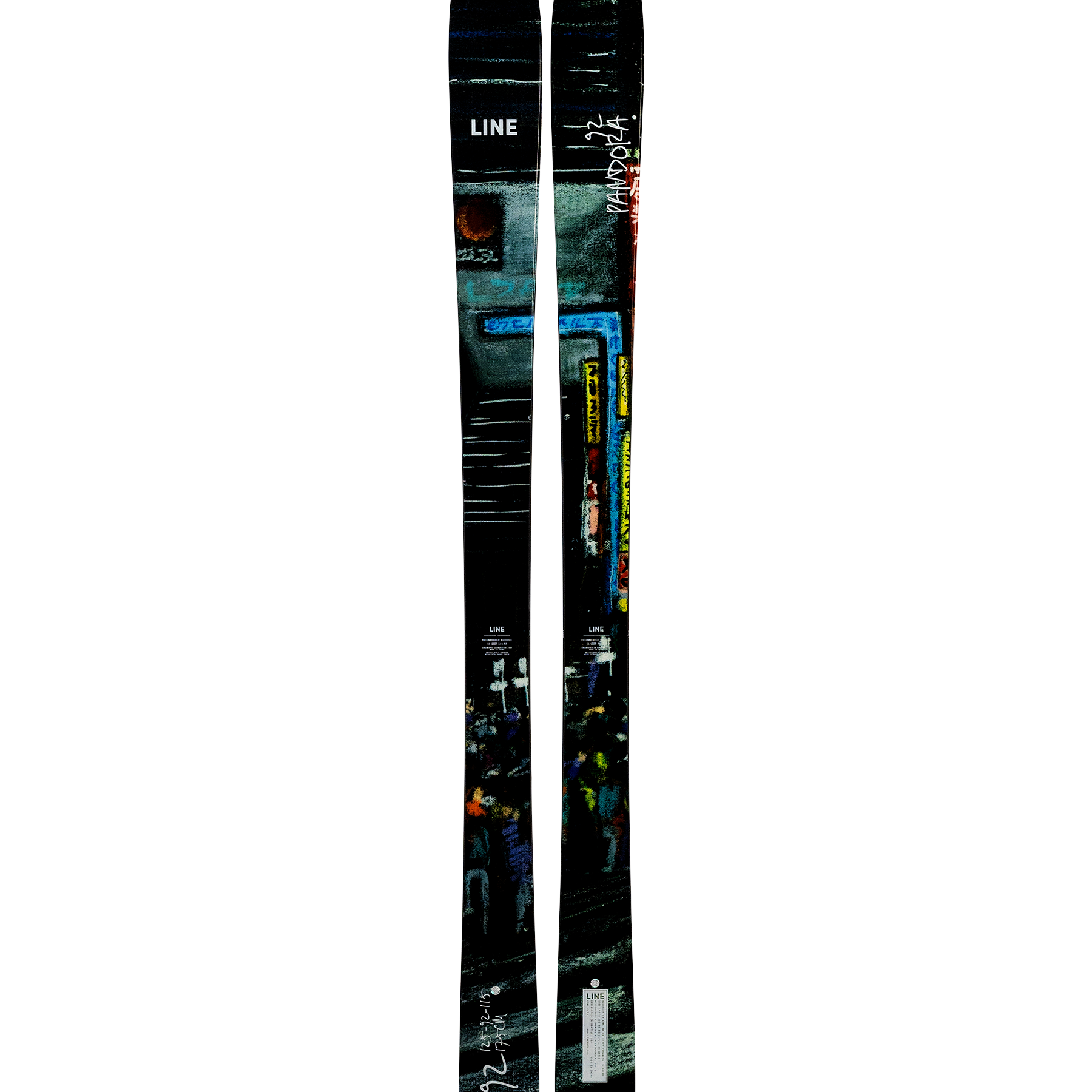 Multicolor graphic skis, black tops with white sides, two-piece pair