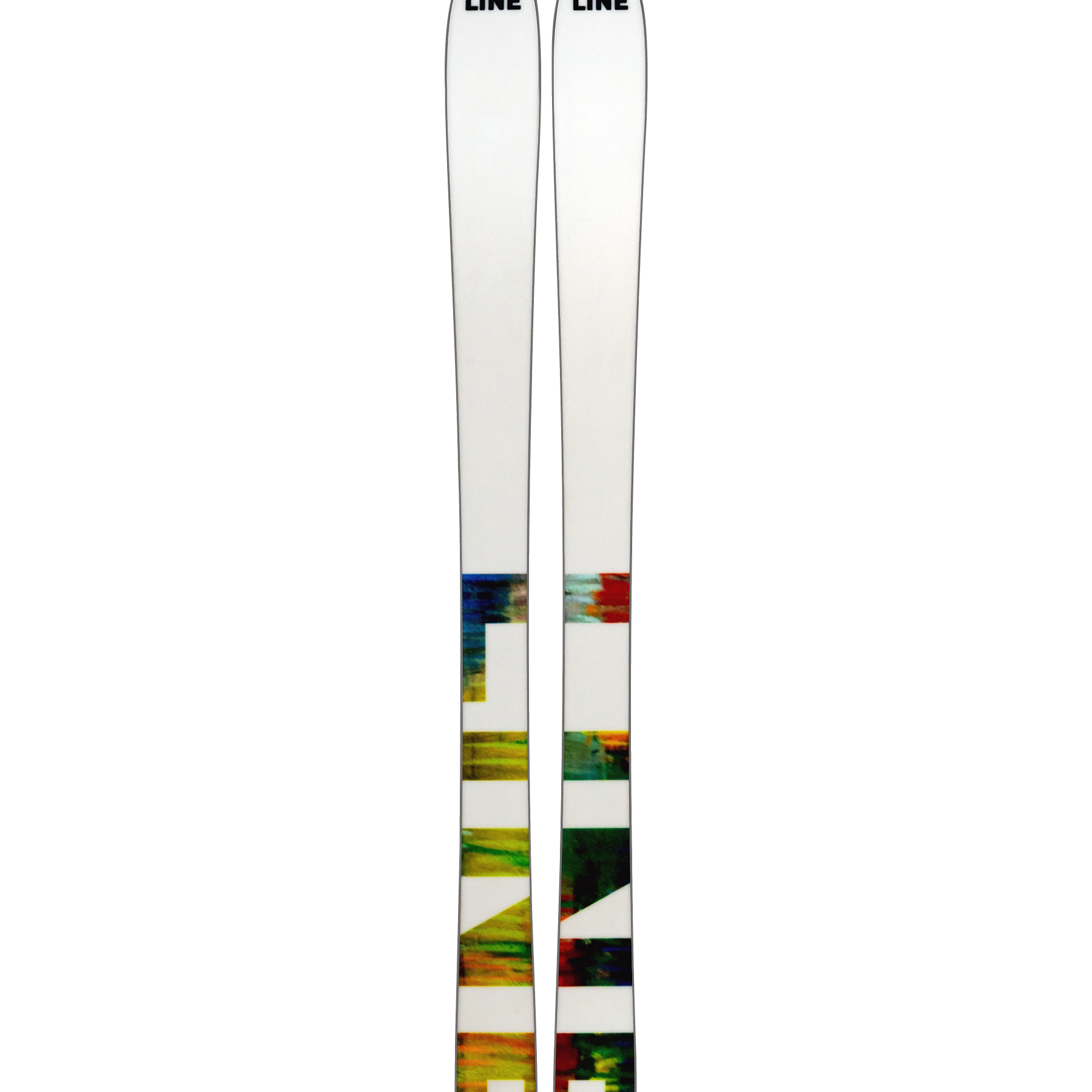 White skis with multicolor stripe at tips and black graphic panels, pair
