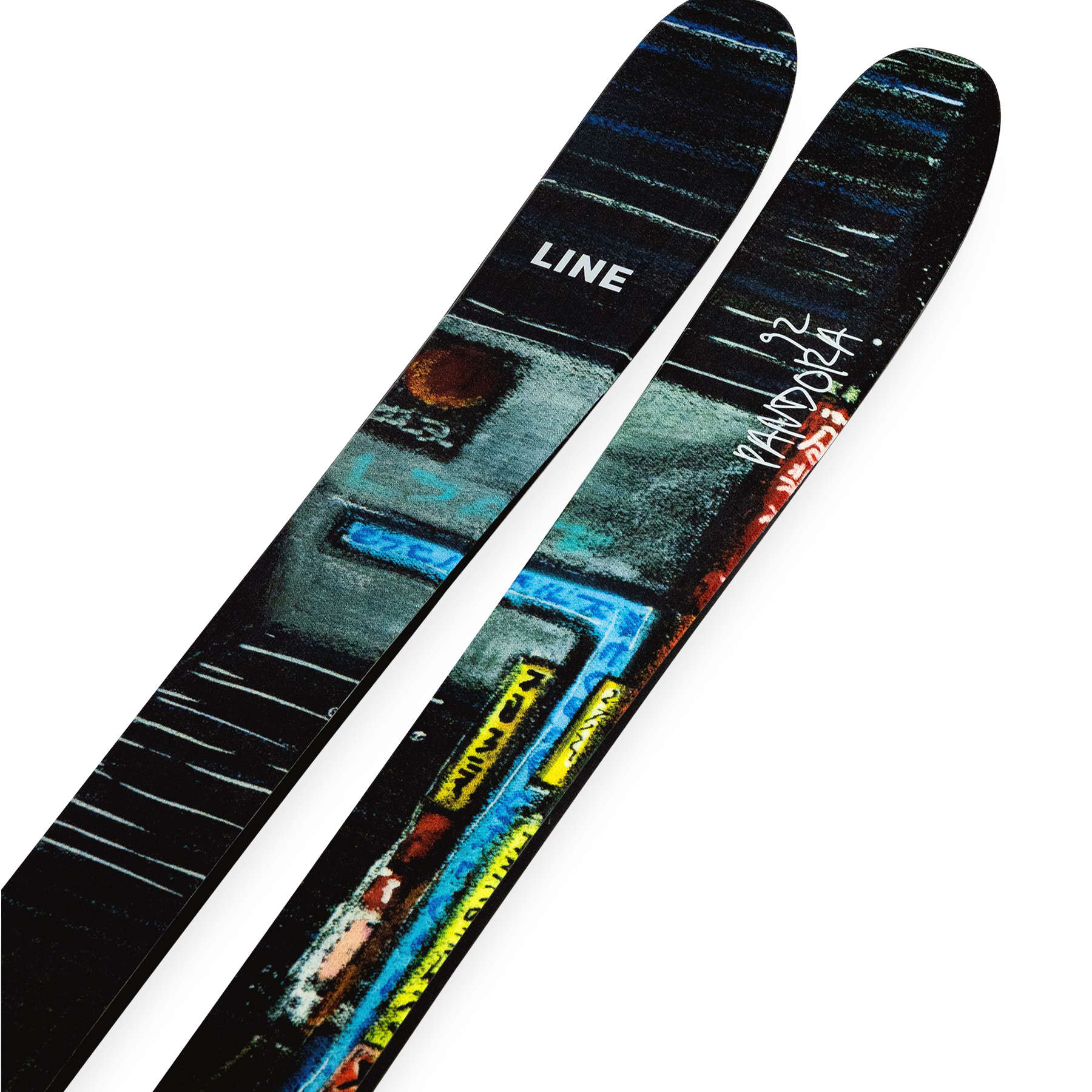 Skis with black tops and vibrant blue-green multicolor artwork, angled view, pair