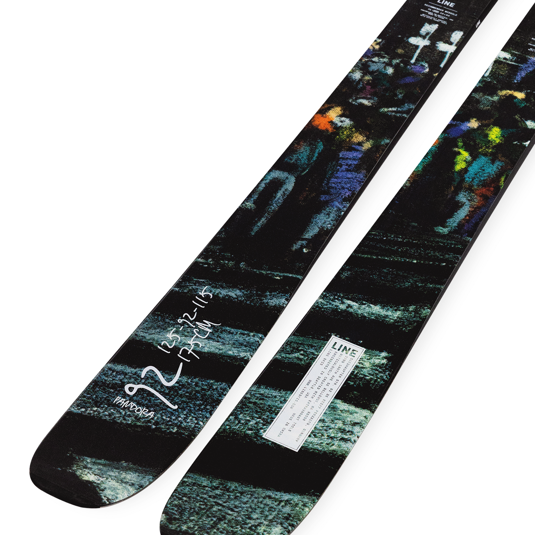 Skis with abstract multicolor landscape print on black base, full pair