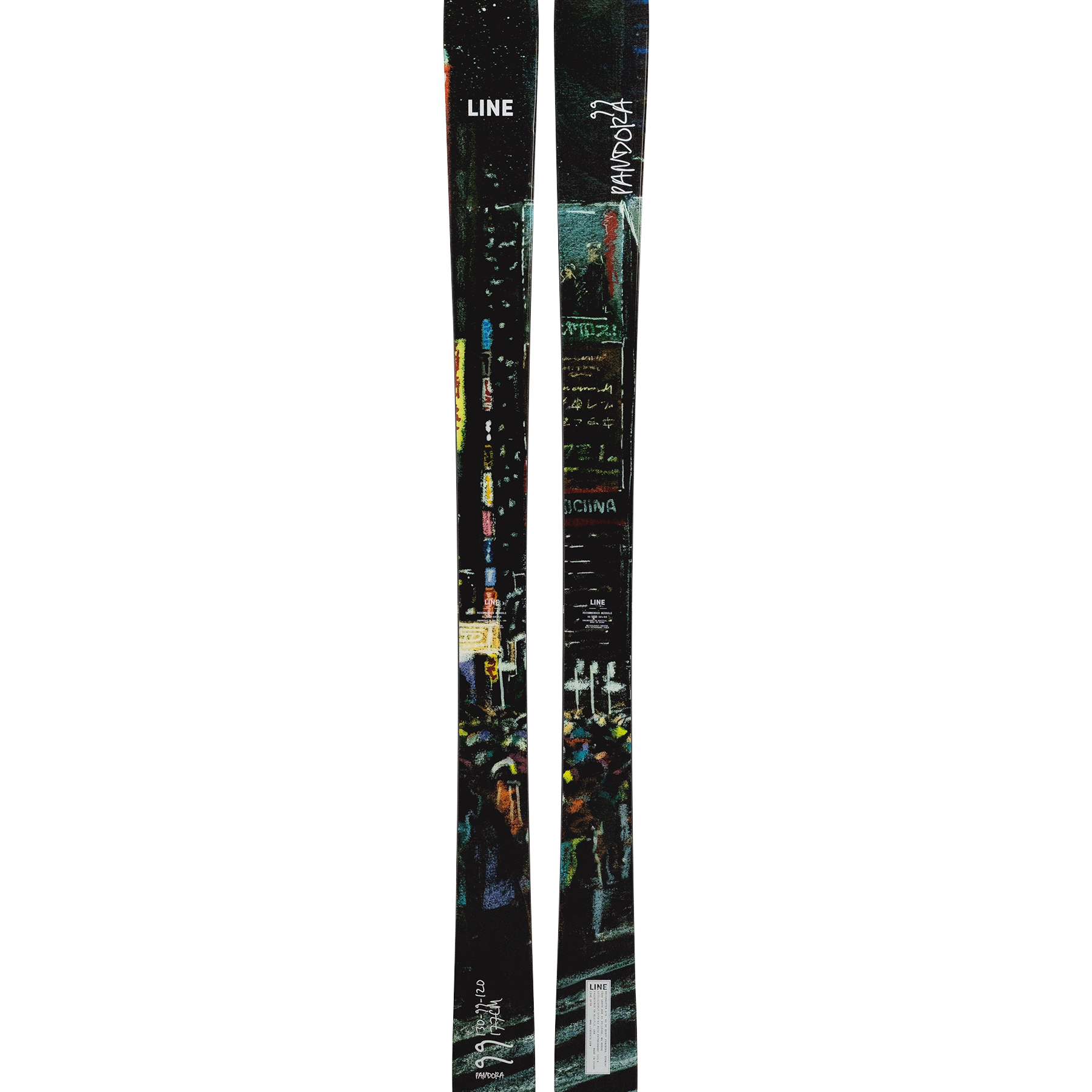 Pair of skis with dark base and multicolor city-style graphics, front view