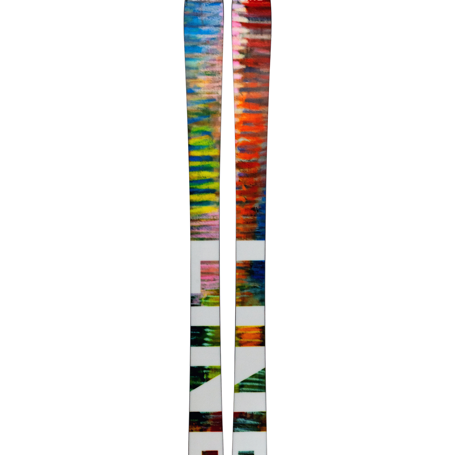 Pair of skis with blue-to-orange multicolor stripes and white side details