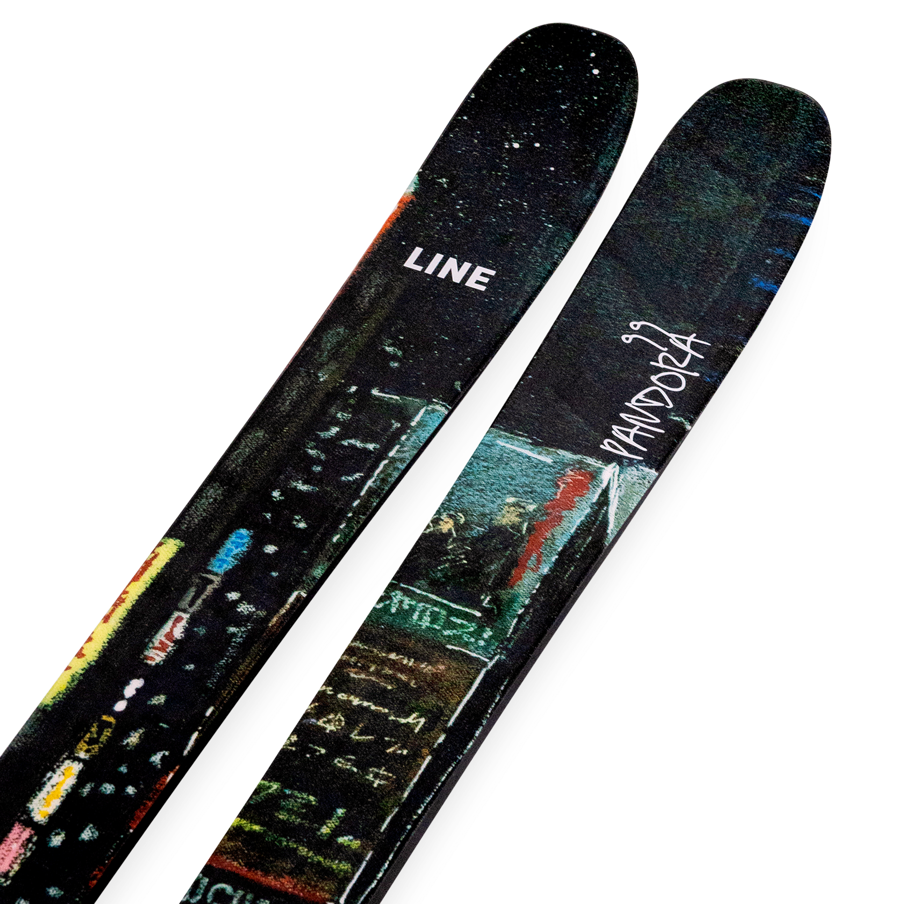 Skis angled close-up showing dark top sheets with teal and red graphic art