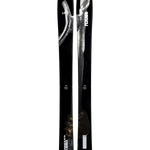 Pair of black skis with gray speckled top graphics