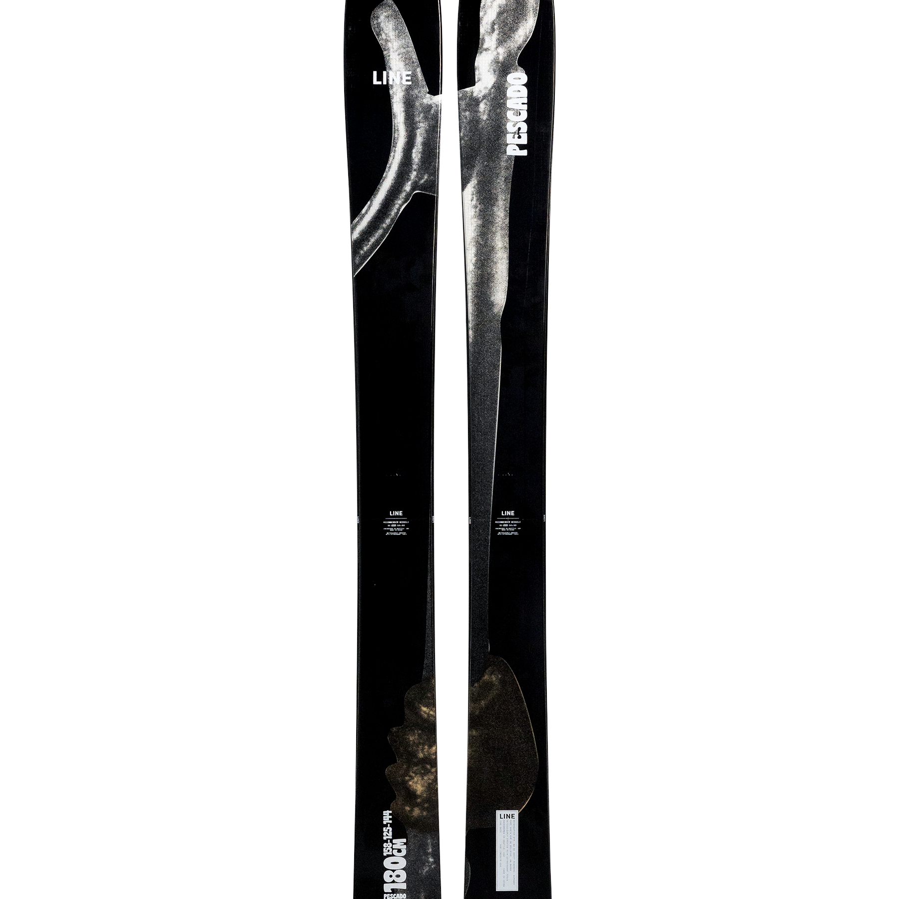 Pair of black skis with gray speckled top graphics