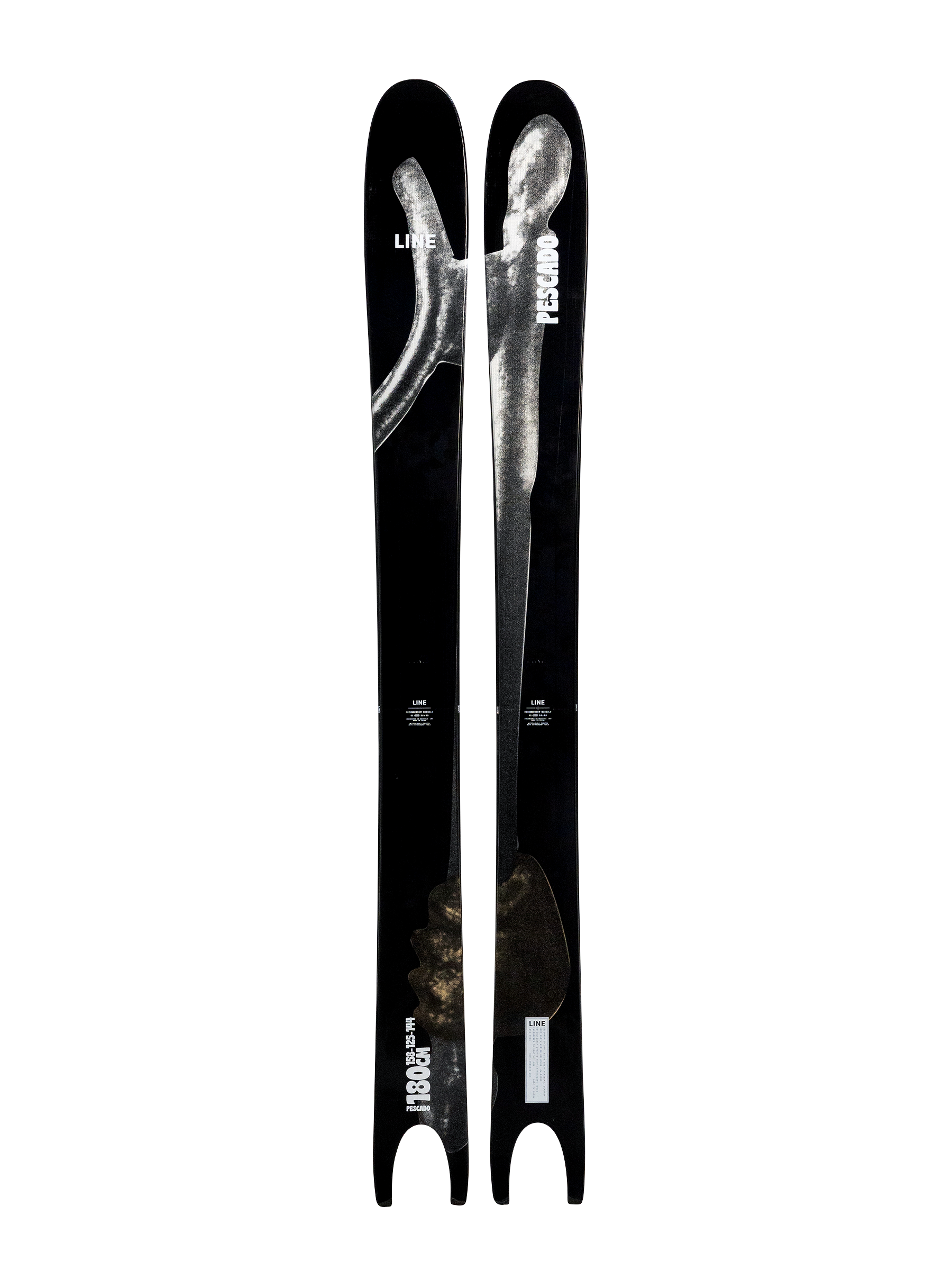 Pair of black skis with gray speckled top graphics
