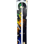 Pair of black skis with colorful graphic and white ski tips