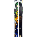 Pair of black skis with colorful graphic and white ski tips