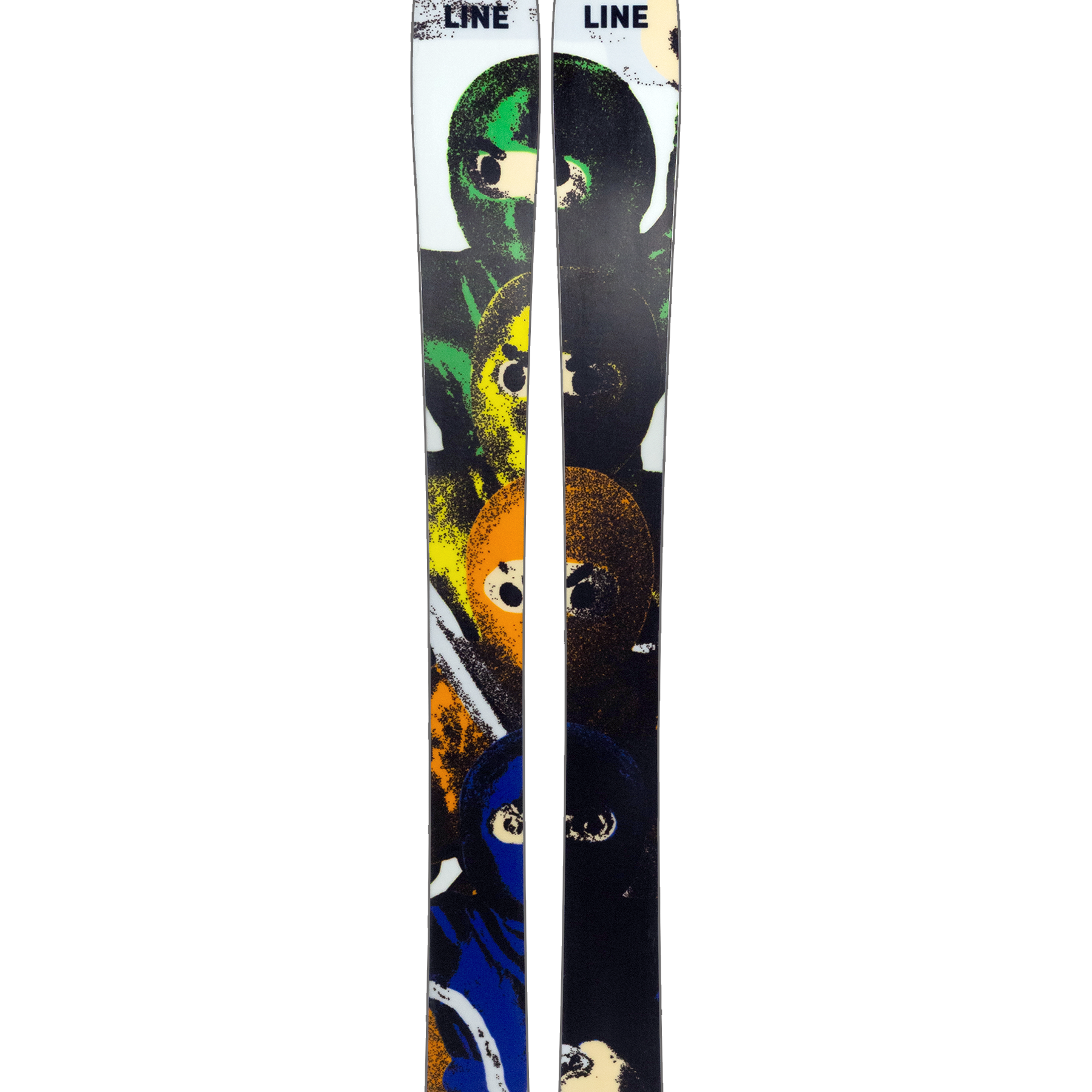 Pair of black skis with colorful graphic and white ski tips
