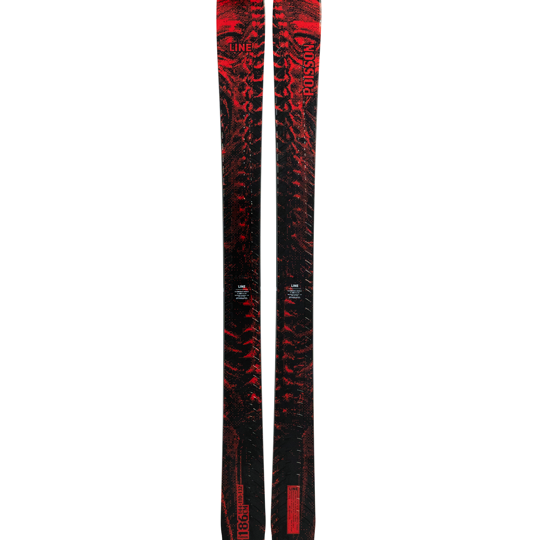 Line Poisson skis, black with red patterned tops, pair of skis front view