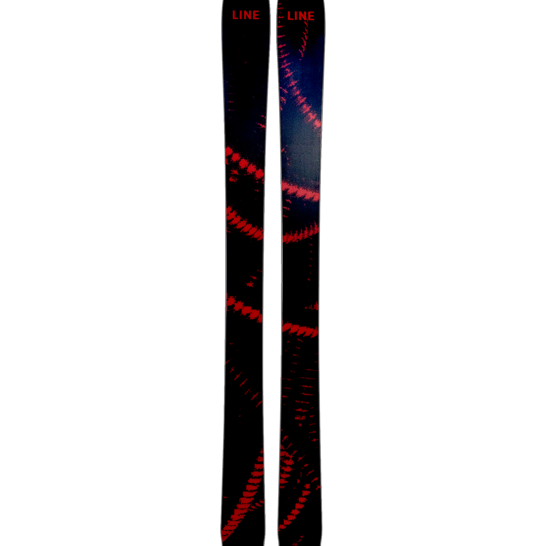 Line Poisson skis, black with red graphic stripes, side view of two skis
