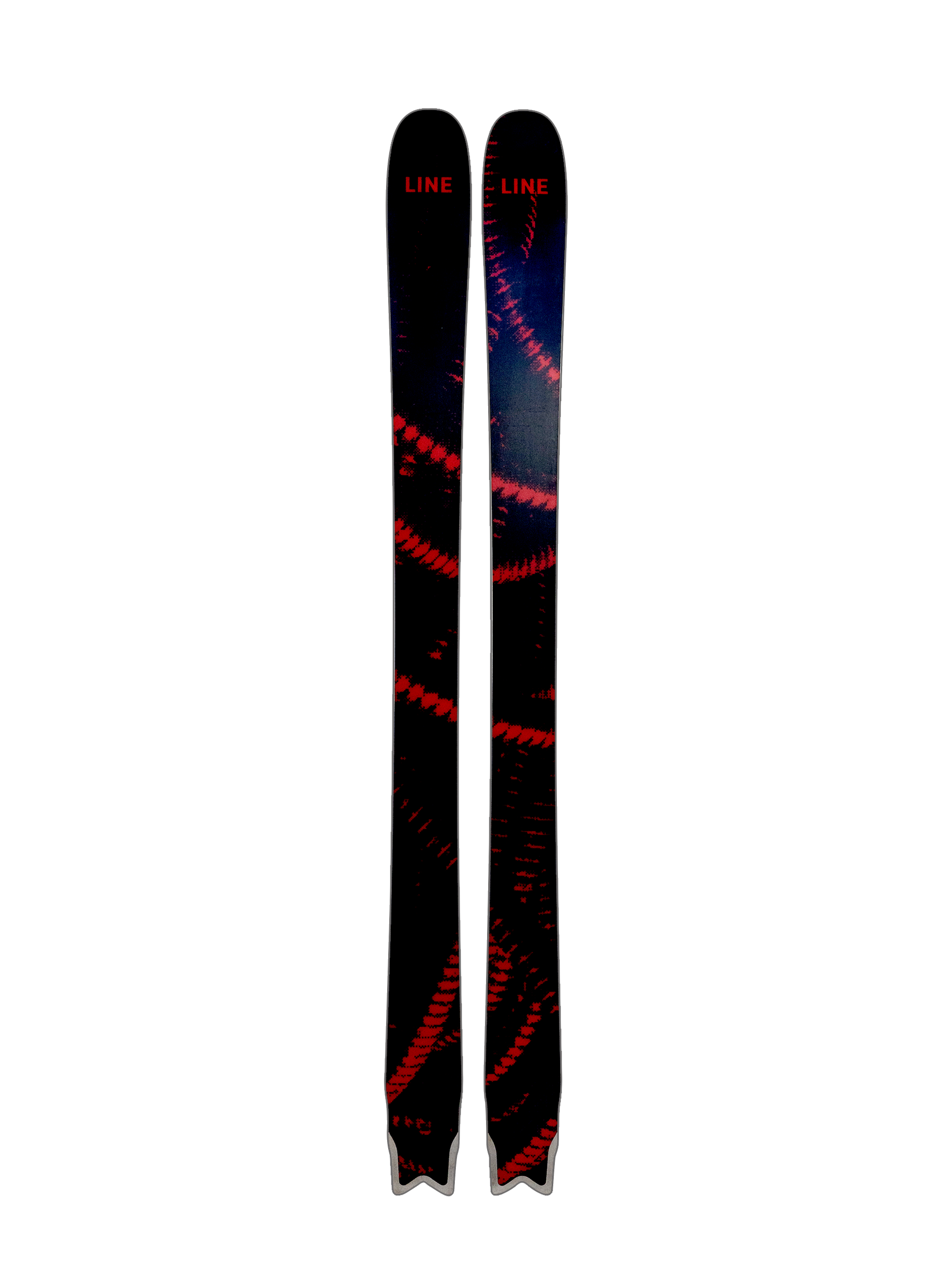 Line Poisson skis, black with red graphic stripes, side view of two skis