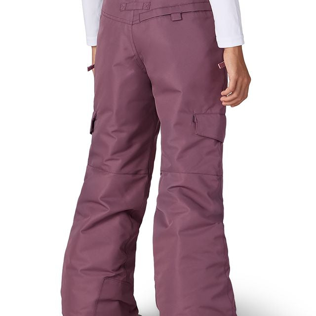 Girls' insulated snow pants in plum, side cargo pocket and belt loops