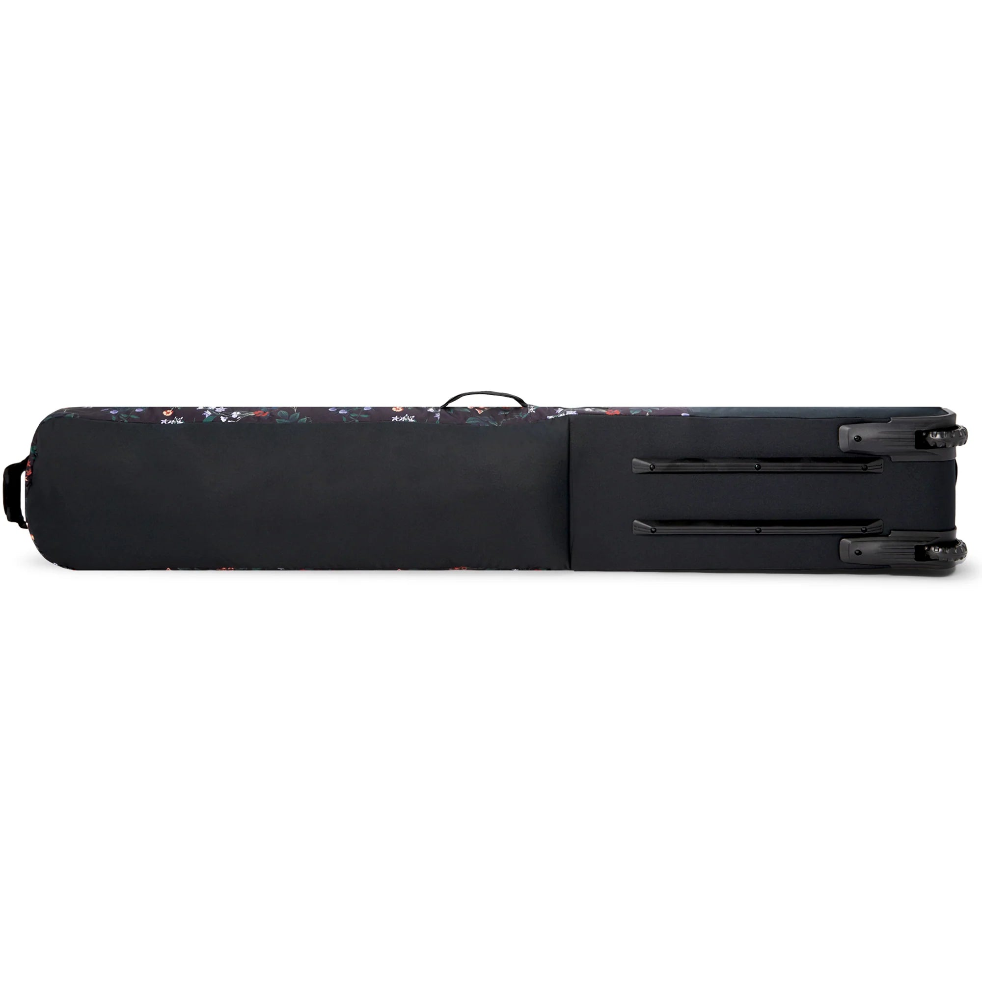 Dakine Low Roller Snowboard Bag - A black snowboard bag with a floral pattern on top, featuring a handle and wheels at the bottom.