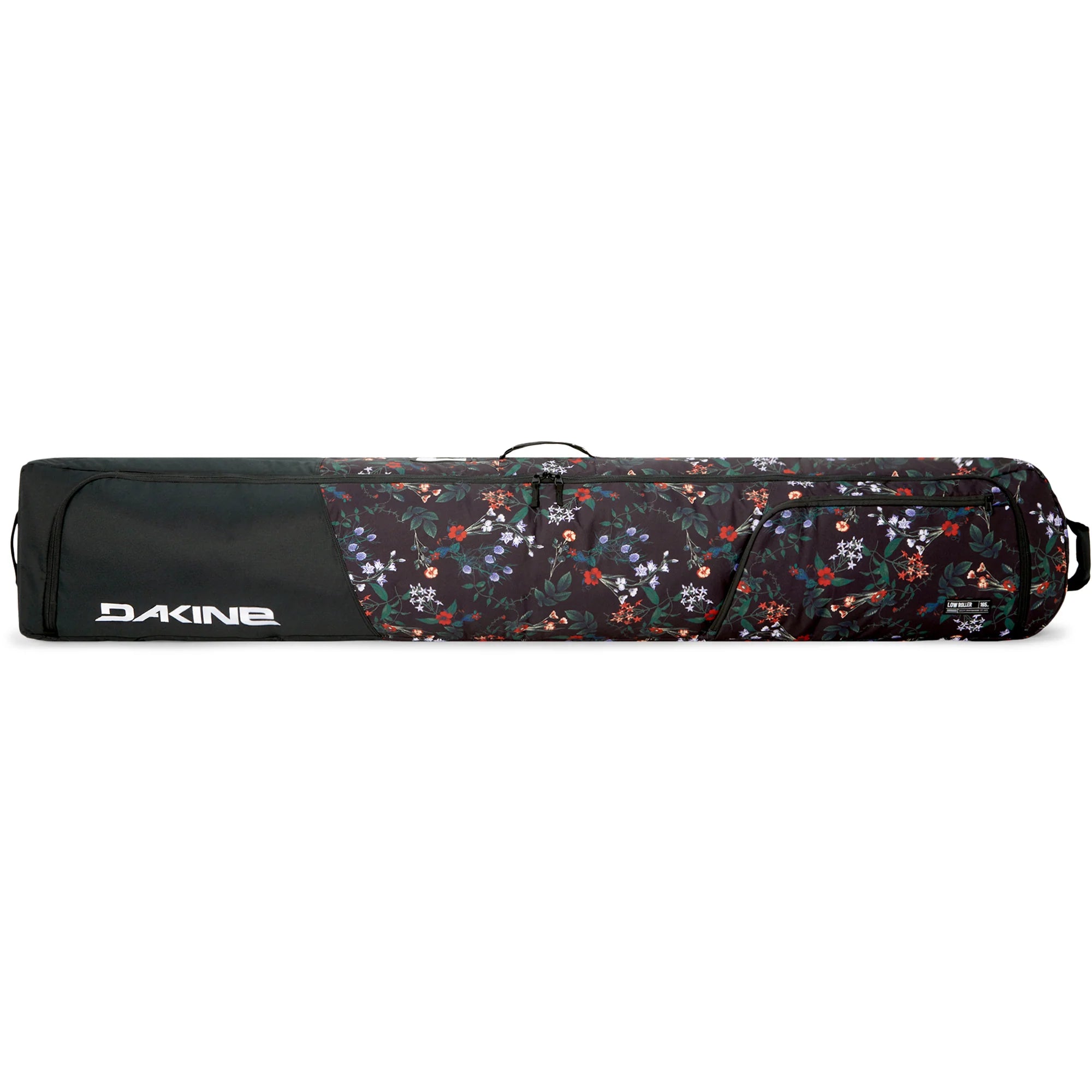 Dakine Low Roller Snowboard Bag - A black snowboard bag with a floral pattern and white lettering, featuring a zippered top and handle on one end.