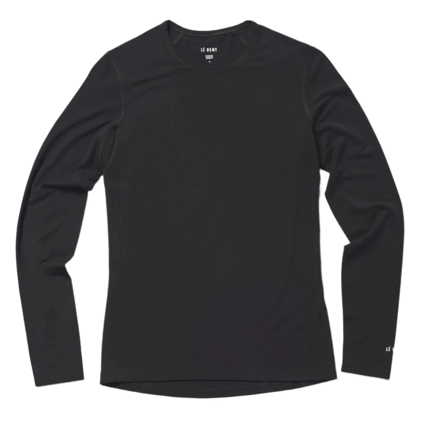 Le Bent Women's Core Lightweight Crew Top Base Layer 2025 - A black crew-neck top with a small white logo on the left chest and a tag on the back collar.