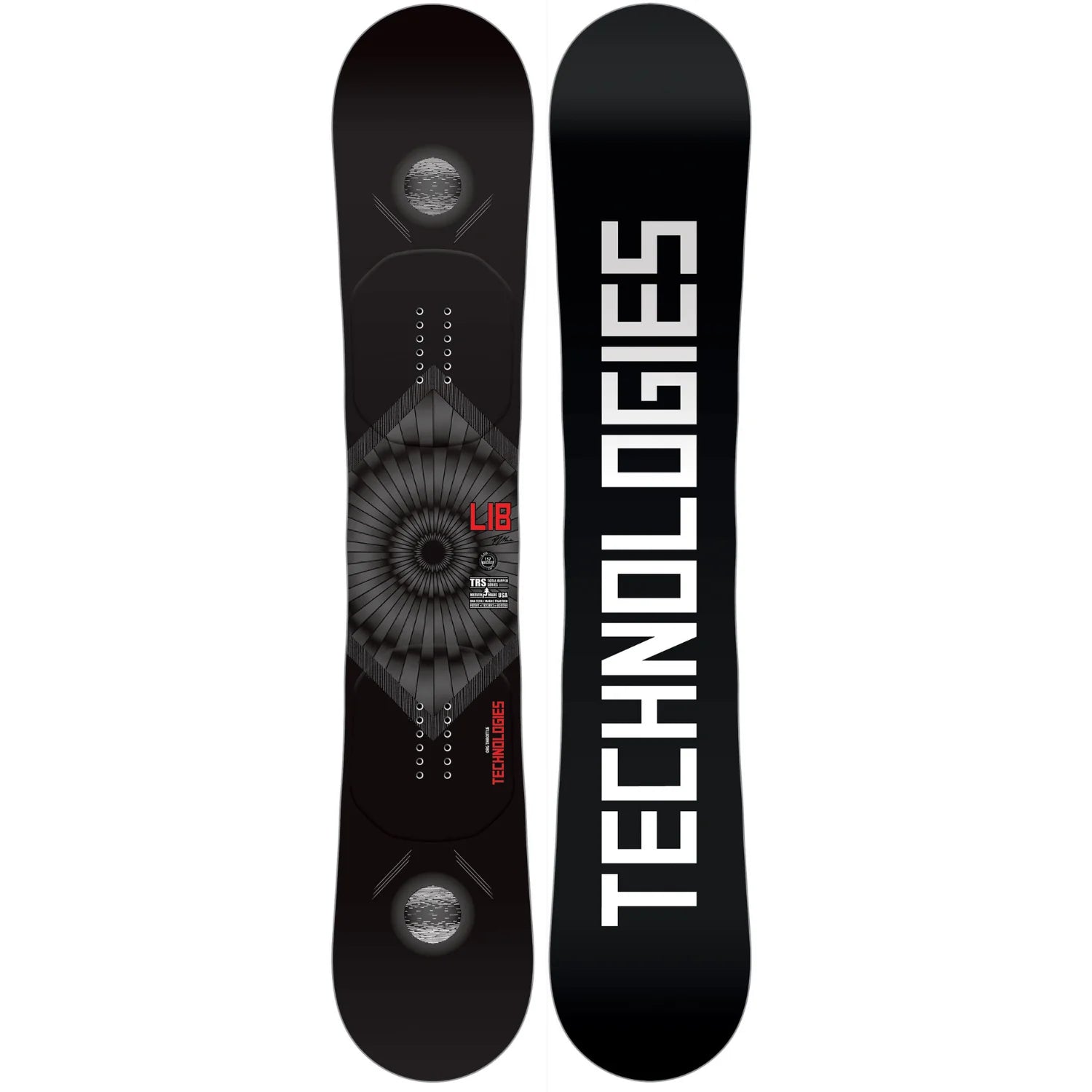 Lib Tech TRS Snowboard 2024 - A black snowboard with a circular logo featuring a white circle and lines radiating from it, positioned at the top of the board.