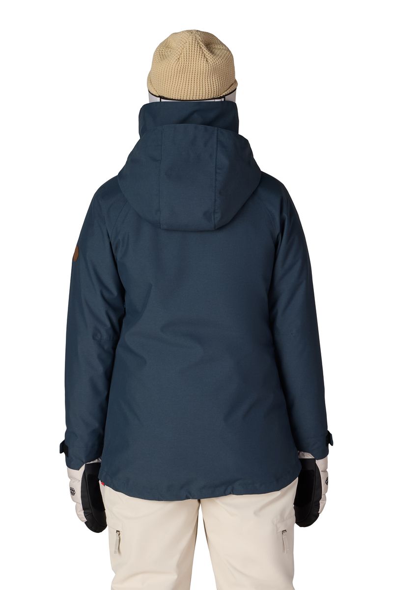 Women's 3-in-1 jacket in dark navy, back view with hood and adjustable hem