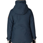 Women's 3-in-1 jacket in dark navy, back view with hood and adjustable hem