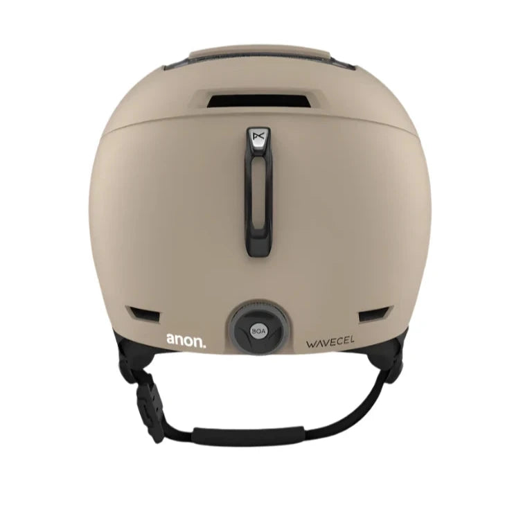 Anon Logan Wavecel Helmet 2025 - A tan-colored helmet with a black chin strap and white lettering on the side.