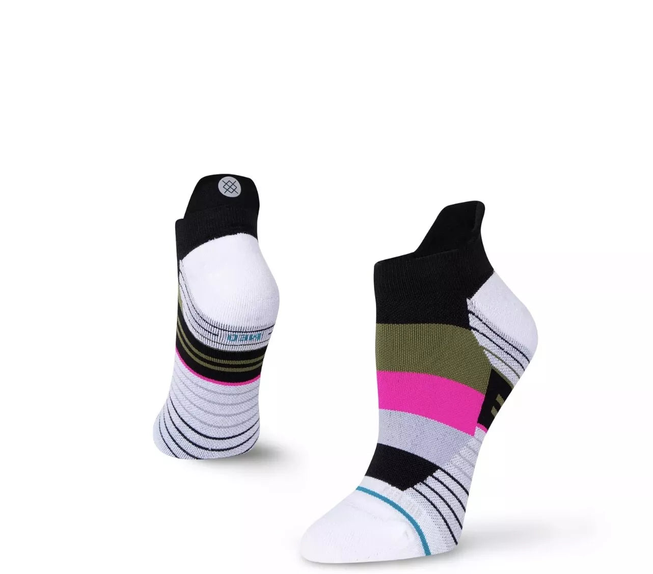 LONG GAME C SOCK LADIES 2022 - A pair of white socks with a pink stripe and blue accents at the toe.