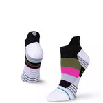 LONG GAME C SOCK LADIES 2022 - A pair of white socks with a pink stripe and blue accents at the toe.