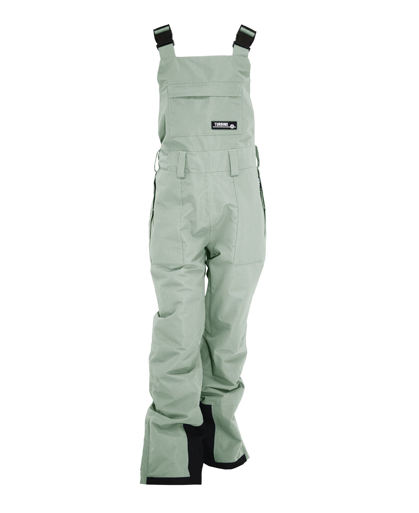 Turbine Women's Longtrail Bib 2025 - A pair of light green bib overalls with a black logo patch on the front pocket.