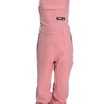 Turbine Women's Longtrail Bib - A pair of pink snow pants with a black logo on the left thigh and two black straps at the top.