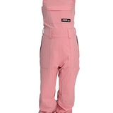 Turbine Women's Longtrail Bib - A pair of pink snow pants with a black logo on the left thigh and two black straps at the top.