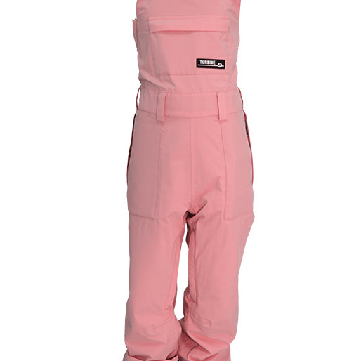 Turbine Women's Longtrail Bib - A pair of pink snow pants with a black logo on the left thigh and two black straps at the top.