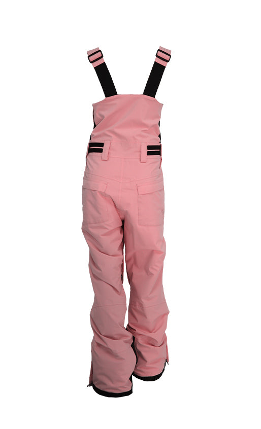 Turbine Women's Longtrail Bib - A pair of pink snow pants with black straps and a black stripe on the back pocket.
