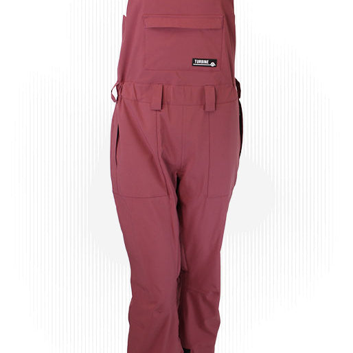 Maroon technical bib overalls with front pockets and adjustable shoulder straps