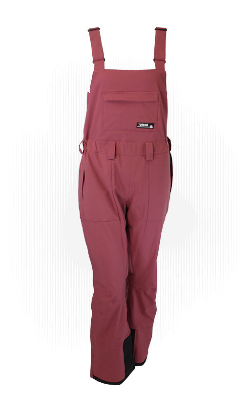 Maroon technical bib overalls with front pockets and adjustable shoulder straps