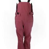 Maroon technical bib overalls with black shoulder straps and two front cargo pockets