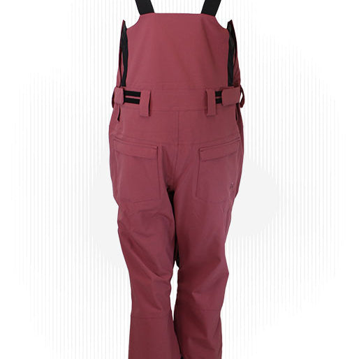 Maroon technical bib overalls with black shoulder straps and two front cargo pockets
