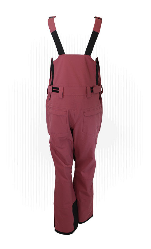 Maroon technical bib overalls with black shoulder straps and two front cargo pockets