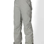 Light grey women's shell pants with cargo-style side pockets and button closure