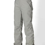 Light grey women's shell pants with cargo-style side pockets and button closure