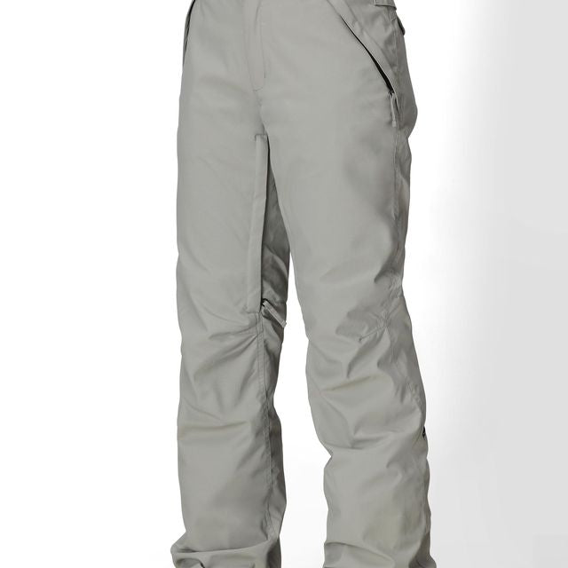 Light grey women's shell pants with cargo-style side pockets and button closure