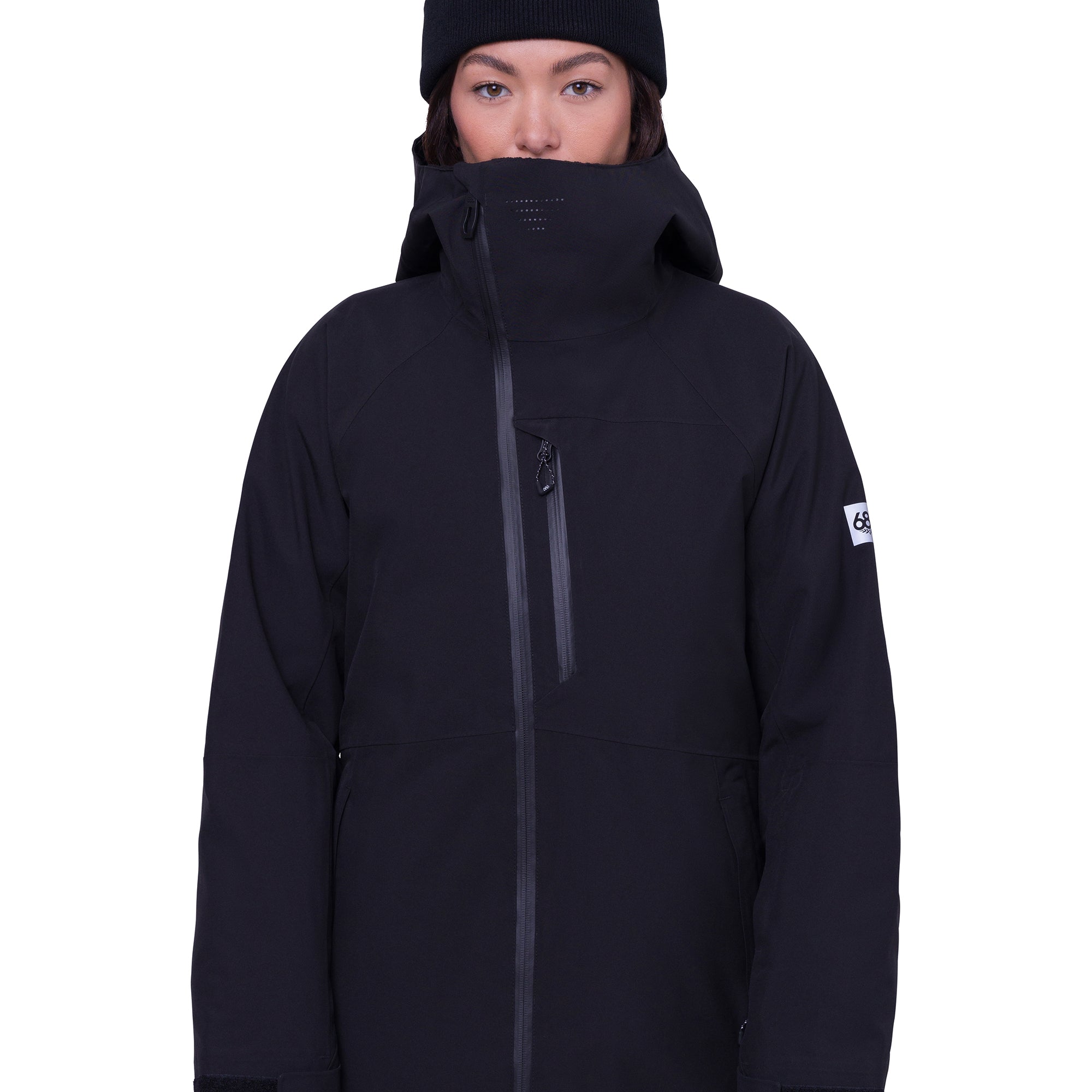 The 686 Woman's Hydra Insulated Jacket 2025 is black with an insulated hood and a front zipper.