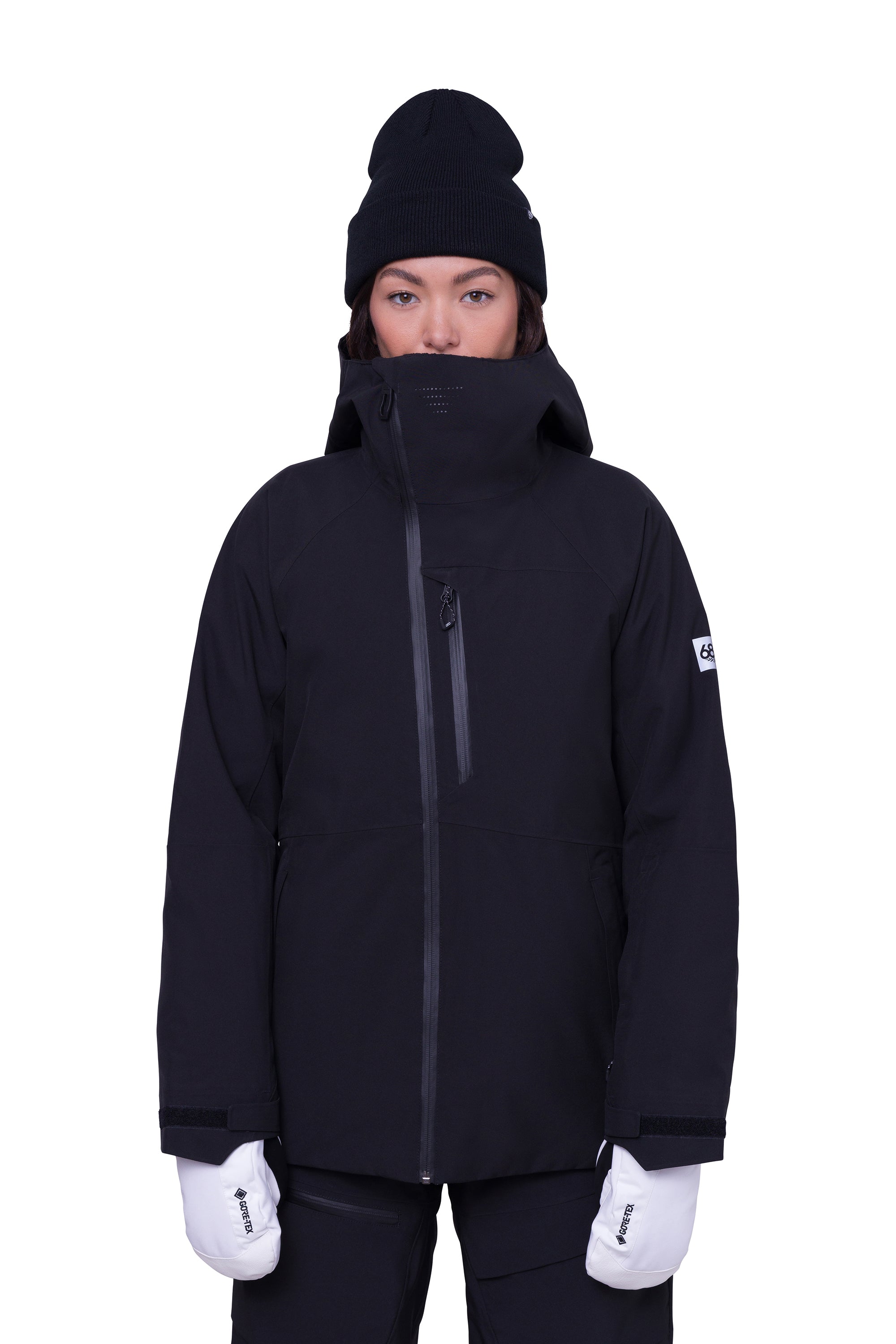 The 686 Woman's Hydra Insulated Jacket 2025 is black with an insulated hood and a front zipper.