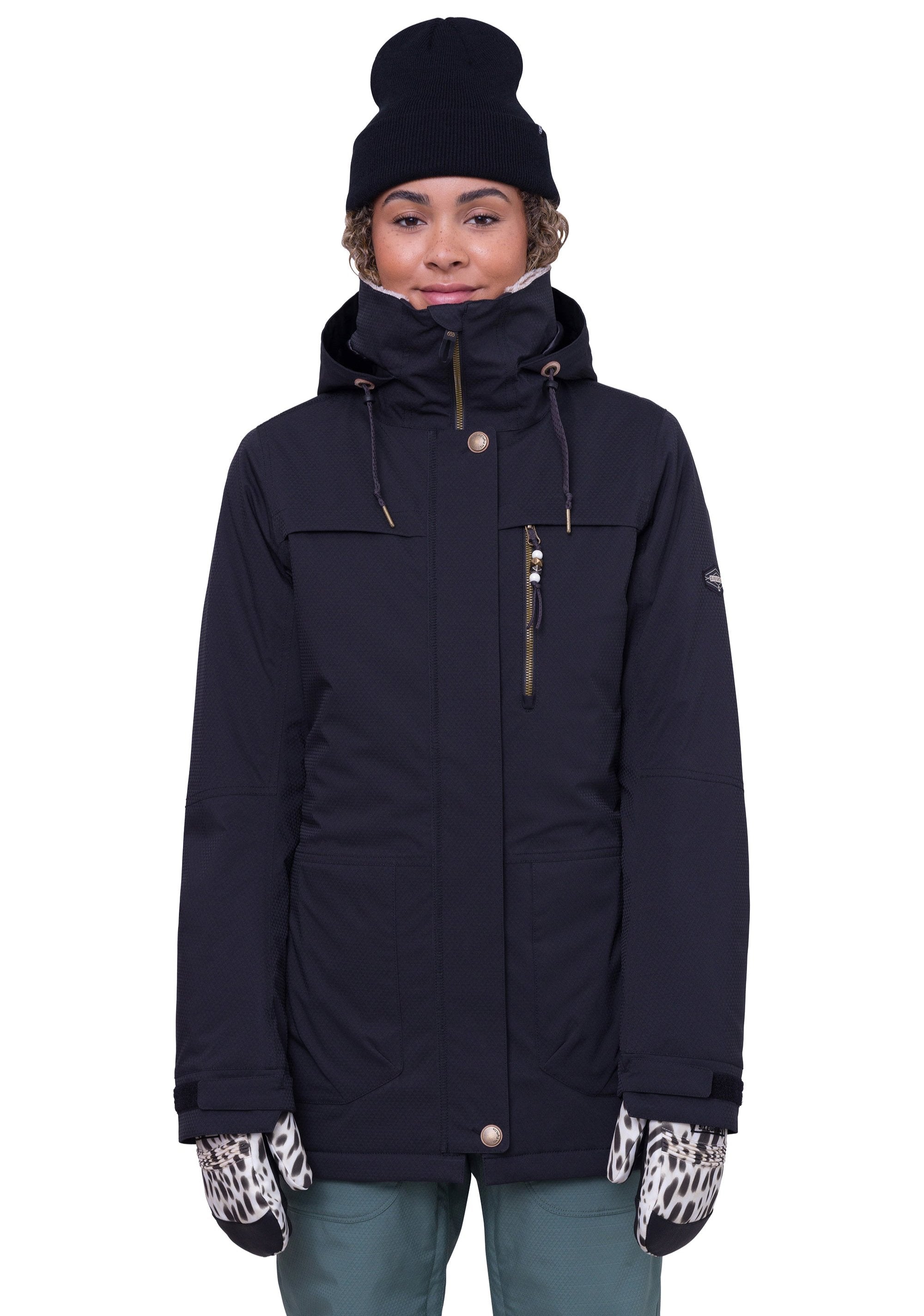 The 686 Women's Spirit Insulated Jacket in black has an insulated hood and gold zipper.